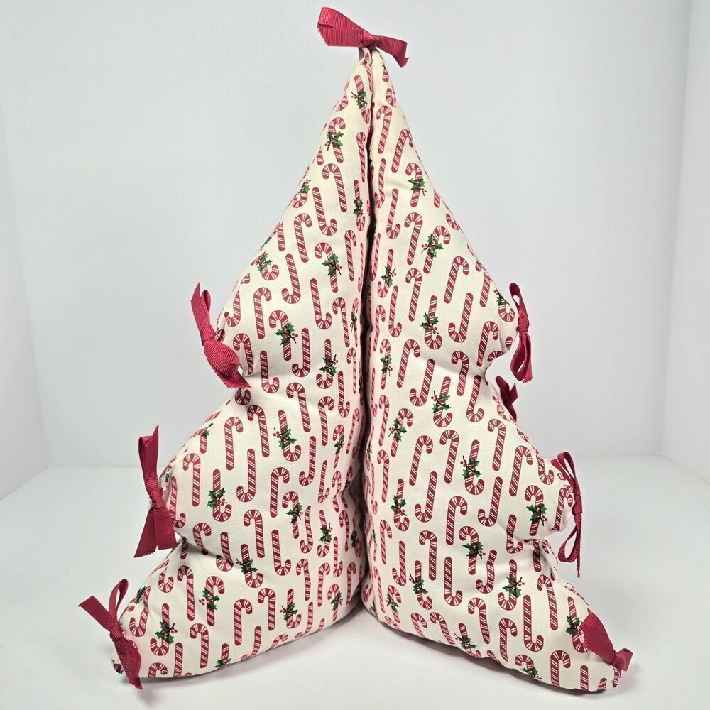 Handmade 3-D Fabric Christmas Tree White With Candy Canes‎ Soft Stuffed Holiday